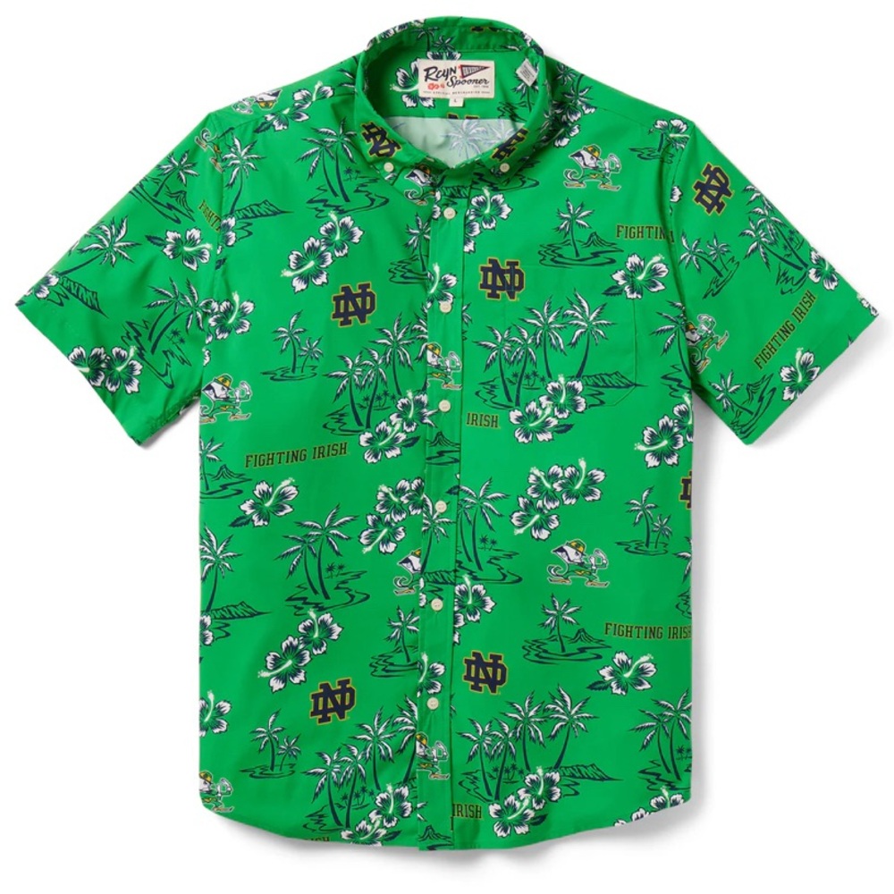 NWT REYN Spooner UNIVERSITY OF NOTRE DAME GAME DAY PERFORMANCE BUTTON FRONT L